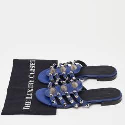 Balenciaga Navy Blue Leather Arena Studded Flat Sandals Size 38