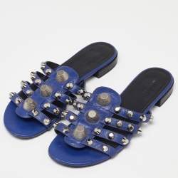 Balenciaga Navy Blue Leather Arena Studded Flat Sandals Size 38