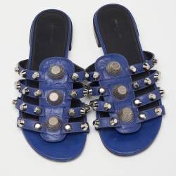 Balenciaga Navy Blue Leather Arena Studded Flat Sandals Size 38