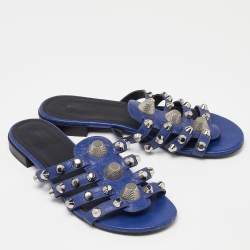 Balenciaga Navy Blue Leather Arena Studded Flat Sandals Size 38