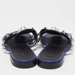 Balenciaga Navy Blue Leather Arena Studded Flat Sandals Size 38