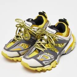Pre Owned Balenciaga  Yellow/Grey Faux Leather and Mesh Track Low Top Sneakers Size 38