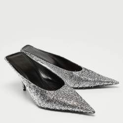 Pre Owned Balenciaga Silver Lurex Fabric Square Knife Mules Size 39