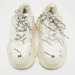 Pre Owned Balenciaga White Logo Print Leather Triple S Sneakers Size 36