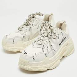 Pre Owned Balenciaga White Logo Print Leather Triple S Sneakers Size 36
