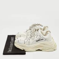 Pre Owned Balenciaga White Logo Print Leather Triple S Sneakers Size 36