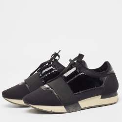 Balenciaga Black Patent Leather and Fabric Race Runner Low Top Sneakers Size 38