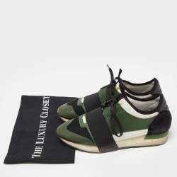 Pre Owned Balenciaga Green/Black Leather and Mesh Race Runner Sneakers Size 38