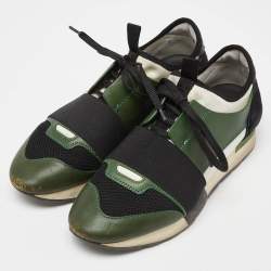 Pre Owned Balenciaga Green/Black Leather and Mesh Race Runner Sneakers Size 38