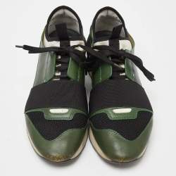 Pre Owned Balenciaga Green/Black Leather and Mesh Race Runner Sneakers Size 38