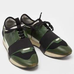 Pre Owned Balenciaga Green/Black Leather and Mesh Race Runner Sneakers Size 38