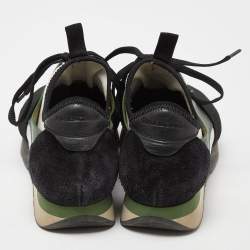 Pre Owned Balenciaga Green/Black Leather and Mesh Race Runner Sneakers Size 38