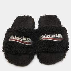 Balenciaga Black Shearing Fur Flat Slides Size 36