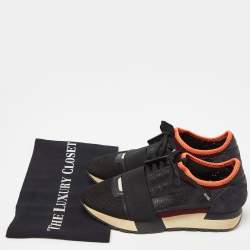 Pre Owned Balenciaga Black Mesh and Textured Leather Race Runner Sneakers Size 37