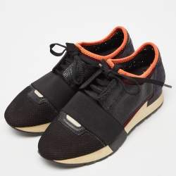 Pre Owned Balenciaga Black Mesh and Textured Leather Race Runner Sneakers Size 37
