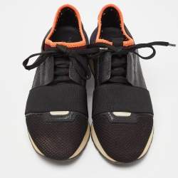 Pre Owned Balenciaga Black Mesh and Textured Leather Race Runner Sneakers Size 37