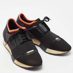 Pre Owned Balenciaga Black Mesh and Textured Leather Race Runner Sneakers Size 37