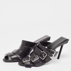 Pre Owned Balenciaga Black Leather Buckle Strappy Slide Sandals Size 39
