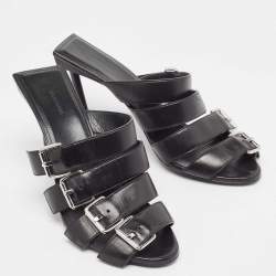 Pre Owned Balenciaga Black Leather Buckle Strappy Slide Sandals Size 39