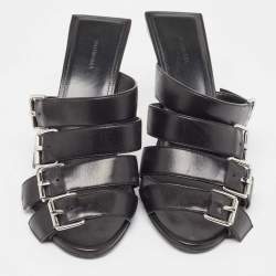 Pre Owned Balenciaga Black Leather Buckle Strappy Slide Sandals Size 39