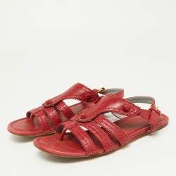 Balenciaga Red Leather Arena T-Strap Flat Sandals Size 39