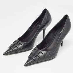 Pre Owned Balenciaga Black Lizard Embossed Leather Knife BB Pumps Size 37