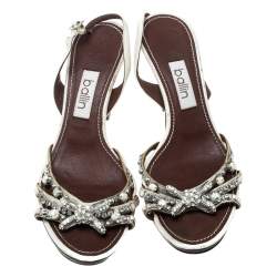 Ballin White Strappy Leather Crystal Embellished Slingback Sandals Size 37