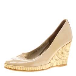 Ballin Beige Patent Leather Kintted Wedge Pumps Size 38