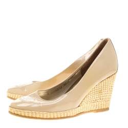 Ballin Beige Patent Leather Kintted Wedge Pumps Size 38