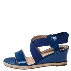 Ballin Blue Patent Leather And Canvas Espadrille Wedge Slingback Sandals Size 38