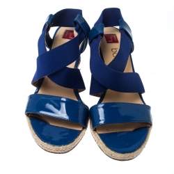 Ballin Blue Patent Leather And Canvas Espadrille Wedge Slingback Sandals Size 38