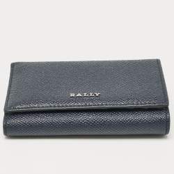 Pre Owned Bally Navy Blue Leather Logo Trifold Wallet