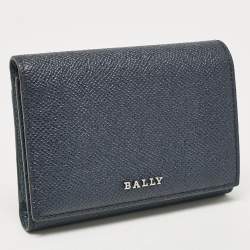 Pre Owned Bally Navy Blue Leather Logo Trifold Wallet