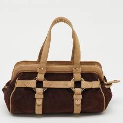 Bally Dark Brown/Beige Suede Tassel Frame Satchel