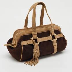 Bally Dark Brown/Beige Suede Tassel Frame Satchel