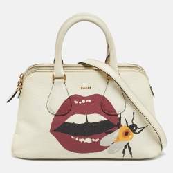 Pre Owned Bally White Leather Berekely Lip Print Bag