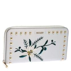 Bally Cream Leather Studded Embroidered Zip Around Wallet