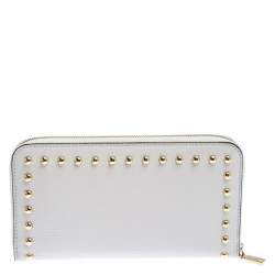 Bally Cream Leather Studded Embroidered Zip Around Wallet