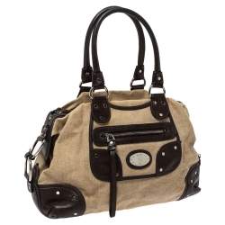 Bally Beige/Brown Canvas and Leather Zip Pocket Satchel