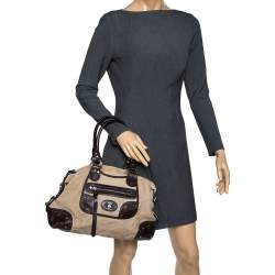 Bally Beige/Brown Canvas and Leather Zip Pocket Satchel