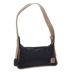 Bally Black/Beige Nylon and Leather Baguette Bag