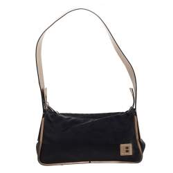 Bally Black/Beige Nylon and Leather Baguette Bag