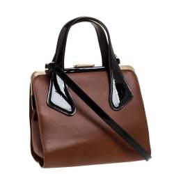 Bally Brown/Black Leather and Patent Leather Frame Top Handle Bag