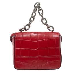 Bally Red Croc Embossed Leather Flap Shoulder Bag