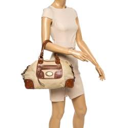 Bally Beige/Brown Canvas and Leather Zip Pocket Satchel