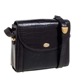Pre Owned Bally Black Croc Embossed Leather Vintage Flap Shoulder Bag