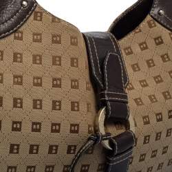 Pre Owned Bally Brown/Beige Monogram Canvas and Leather Flap Hobo