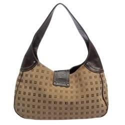Pre Owned Bally Brown/Beige Monogram Canvas and Leather Flap Hobo