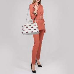 Pre Owned Bally White Lip Print Leather Berkeley Double Zip Tote