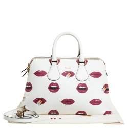 Pre Owned Bally White Lip Print Leather Berkeley Double Zip Tote